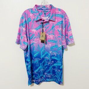 Chubbies Men's Hydrofoil Performance Polo Shirt Pink & Blue Jungle Size L NWT
